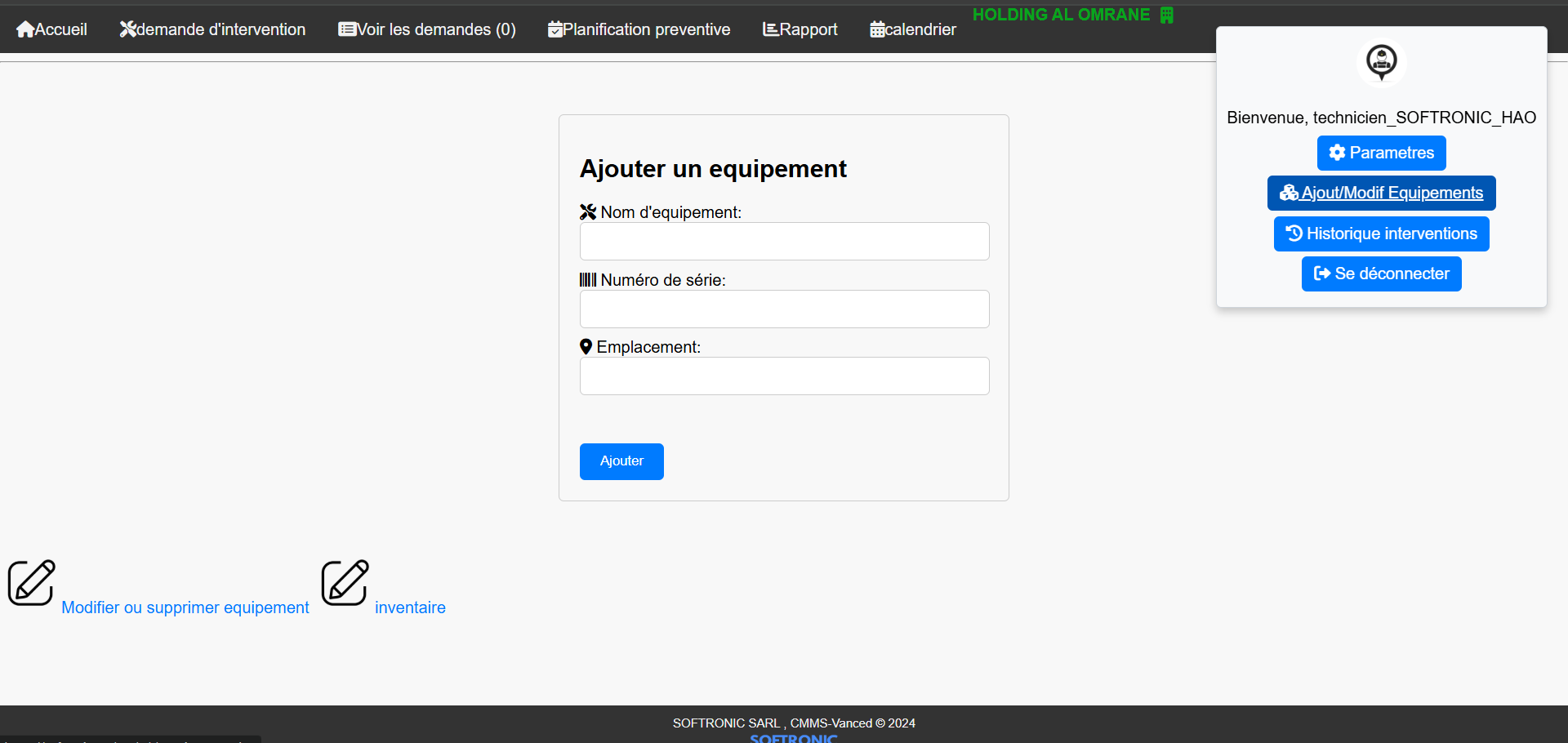 Formulaire d'ajout d'équipement
