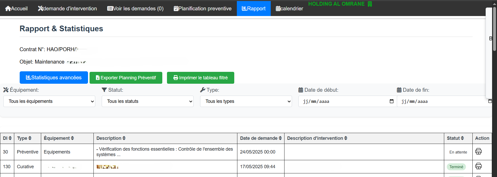 Interface de rapports et statistiques